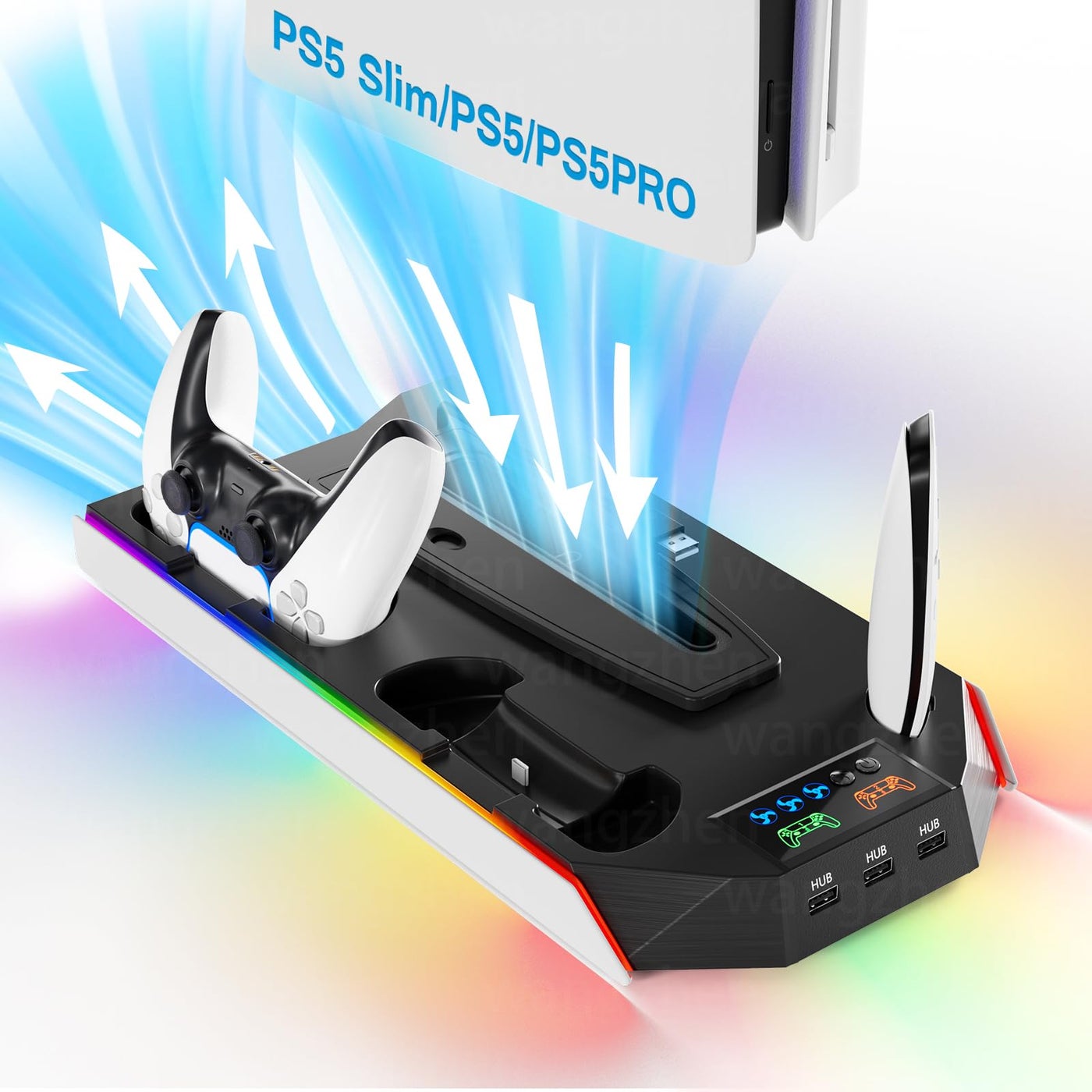 Compare PS5 Cooling Station Stand RGB with Dual Controller Charging Station for PlayStation 5 Console, PS5 Accessories Incl. Controller Charger, Cooling Fan, Headset Holder, 3 USB Hub at KSA Price