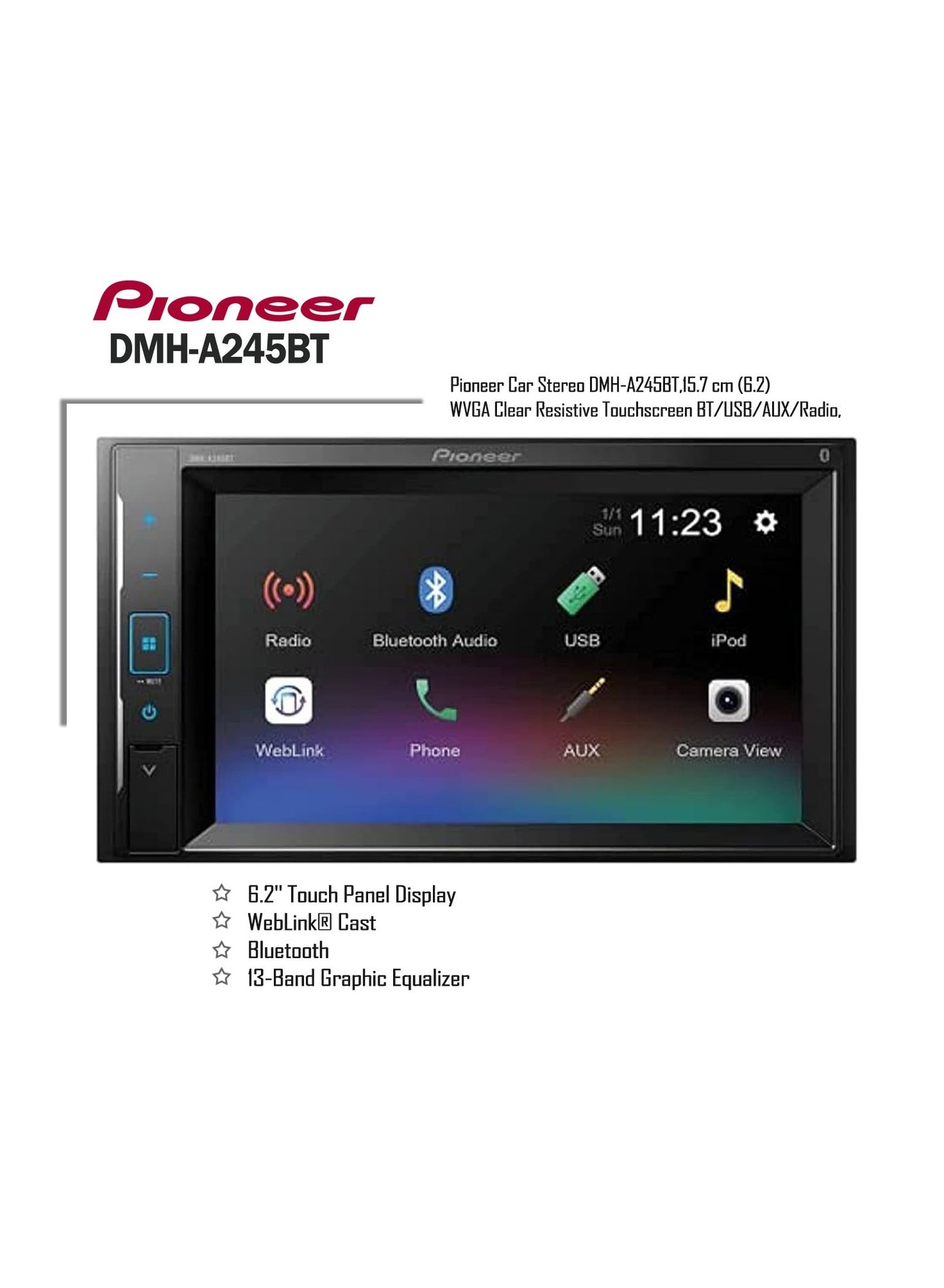 Compare DMHA245BT 6.2 AV Receiver with Mirroring by Weblink Cast  6.2 Touch Panel Display WebLink® Cast Bluetooth 13Band Graphic Equalizer at KSA Price