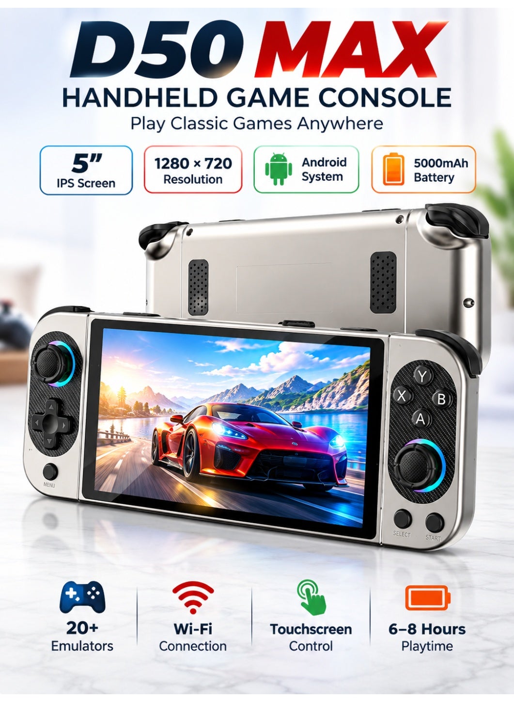 Compare D50 MAX Handheld Game Console, 5 IPS Touchscreen, 1280 × 720 HD Resolution, Android System, 20+ Emulators, 5000mAh Battery, 3GB RAM, 32GB Storage, Dual RGB Joysticks, HDMI Output, TF Card Support, Assorted Color at KSA Price