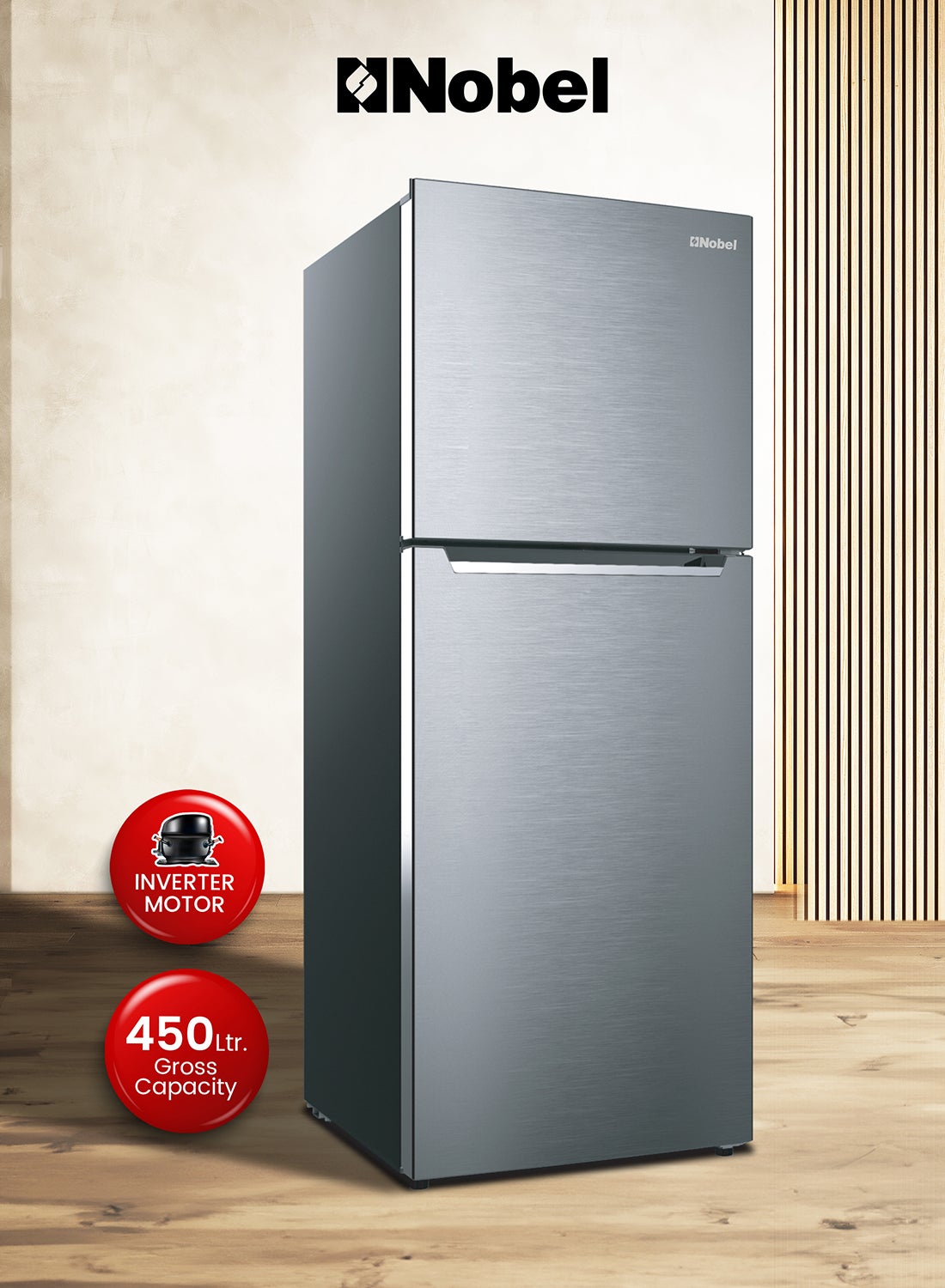 Compare 450 L Gross  332 L Net , No frost Double Door Refrigerators with Inverter Technology, R600a Refrigerant,Electronic Control System, Inside Light, Vegetable Crisper NR450NF Inox Colour at KSA Price