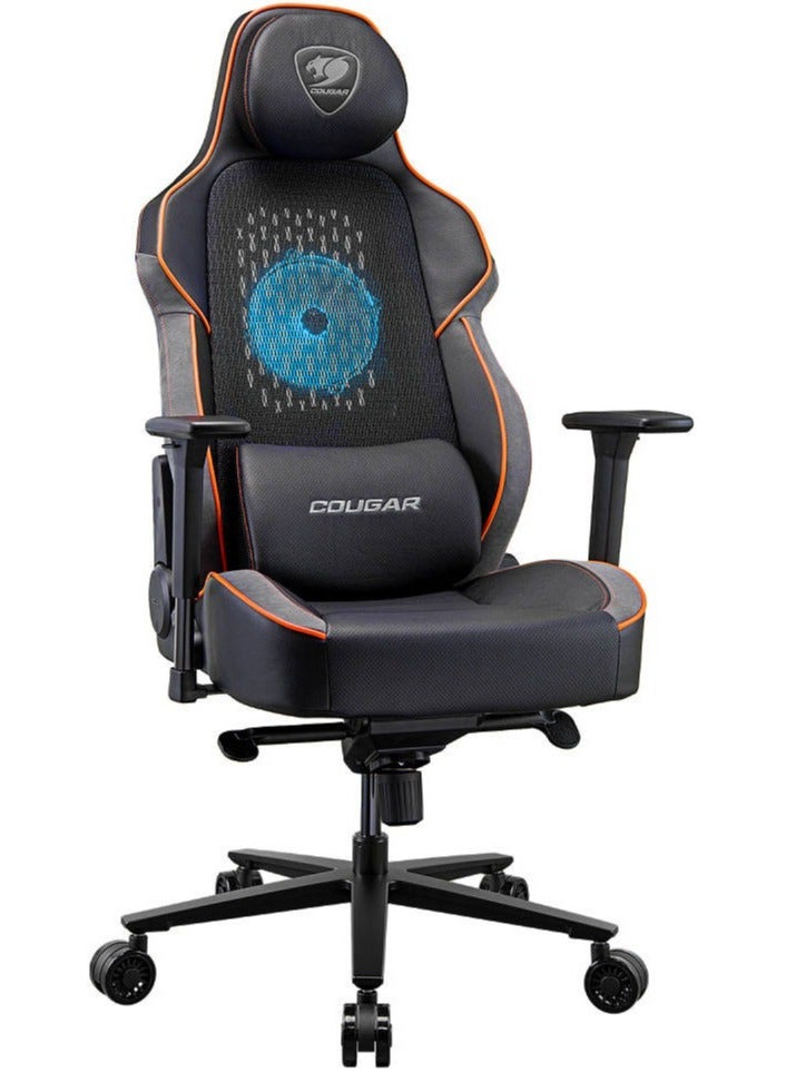 Compare NxSys Aero Gaming Chair with 200mm RGB Cooling Fan, Elastomeric Mesh Backrest, Ergonomic Lumbar & Head Support, 3D Adjustable Armrests, Reclining 90°–150°, Class 4 Gas Lift, Breathable PVC Leather, BlackOrange | 3MARPORB.0001 at KSA Price