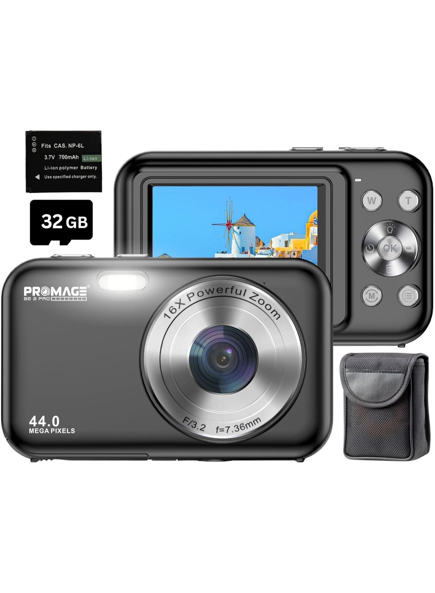 Compare PROMAGE PC95 Digital Camera 44MP – Black, 1080p Video, 2.4″ LCD Screen, 16X Digital Zoom, USB Rechargeable, with SOLIBAG Carry Case at KSA Price