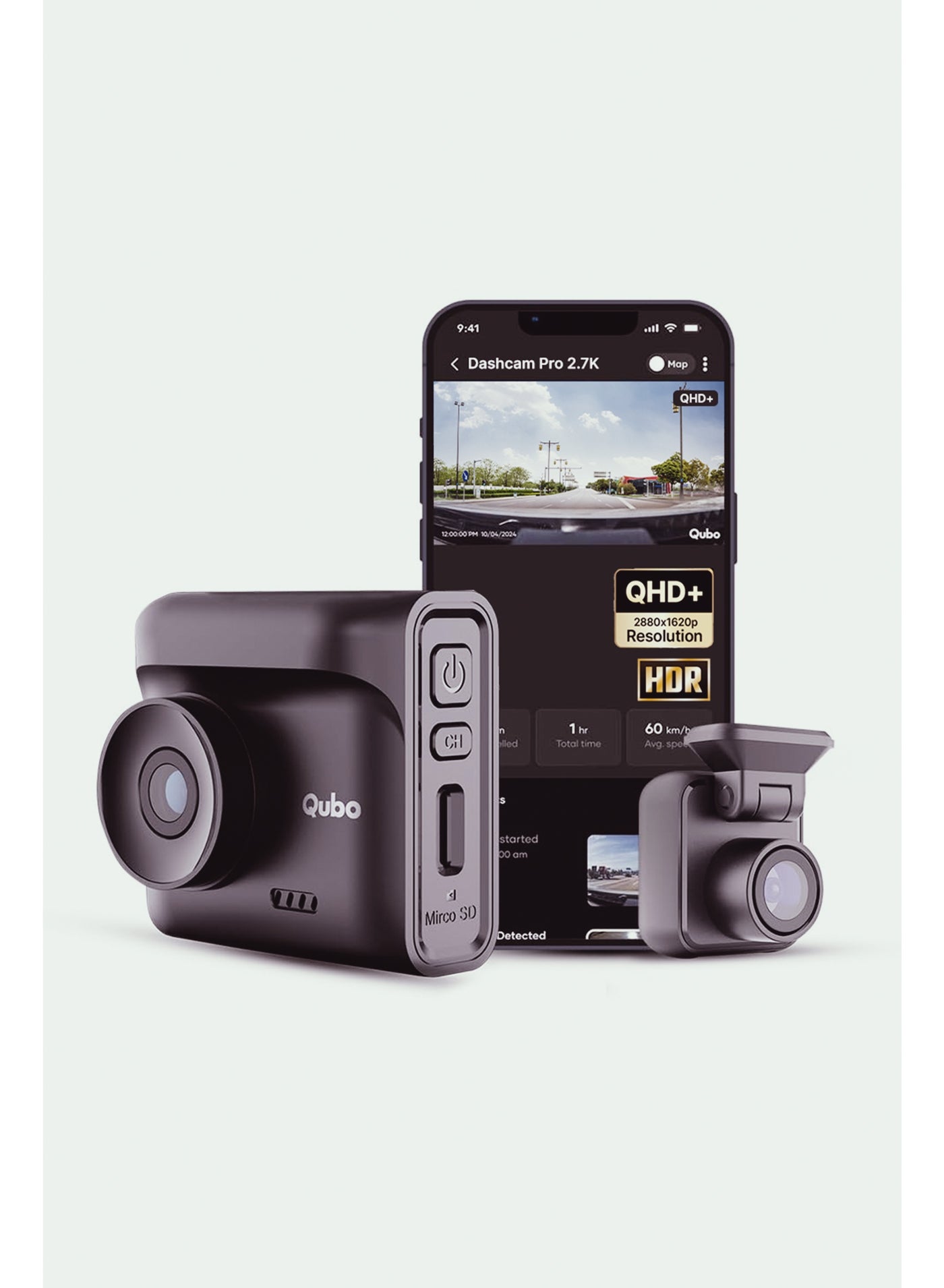Compare Qubo Car Dashcam Pro 2.7K by Hero Group | NightPulse Vision | Dual Channel: 5MP QHD+ Front 140°, 2MP FHD Rear 120° | GSensor | 2 LCD | Builtin GPS, WiFi, Mic | App | Up to 1TB Storage| Made in India at KSA Price