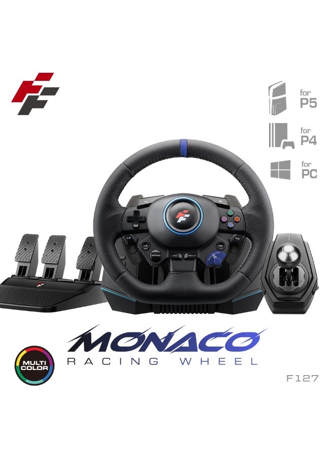 Compare F127 MONACO Racing Wheel with Hall Sensor Technology, 6Speed Shifter, Adjustable Rotation 270° and 900°, Vibration Motors, Pedals, RGB lights, Supports PC Mode Xinput Dinput  Compatible with PS5, PS4, Xbox OneXS, Switch, PC at KSA Price