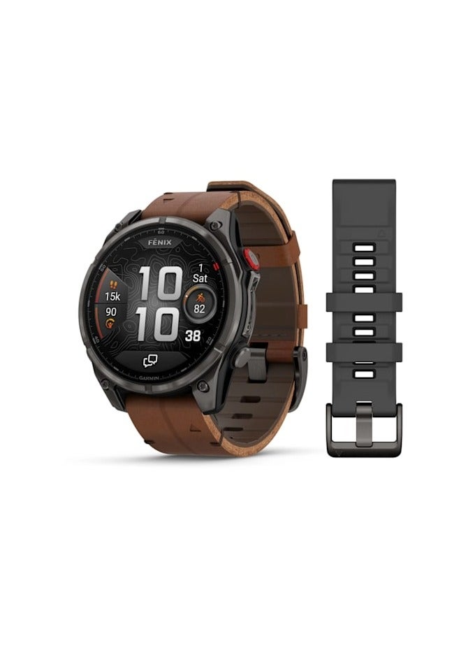 Compare Fenix 8 Pro  51MM  Carbon Gray DLC Titanian with Chestnut Leather band  Up to 15 Days of Battery Life   1.4Amoled Display, sapphire crystal, Heart Rate Monitor, All day stress monitor, Gps tracking, Supe at KSA Price