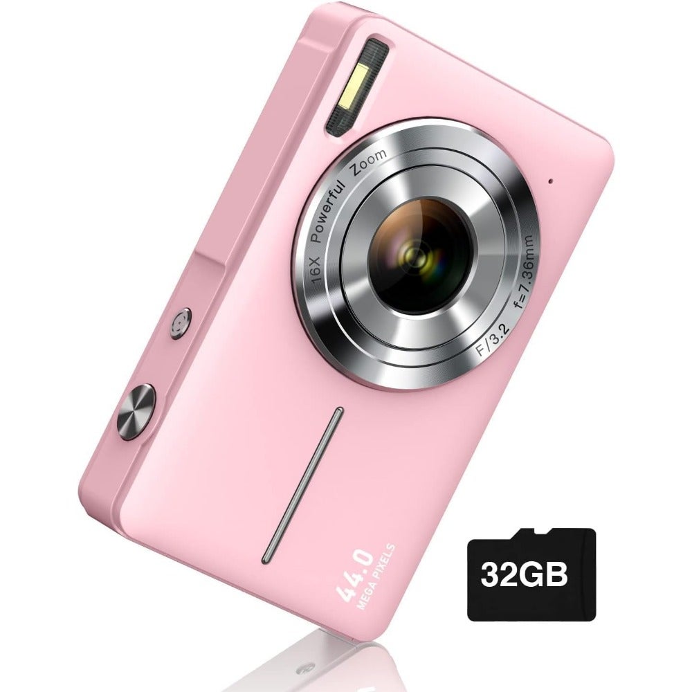 Compare Digital Camera, FHD 1080P Camera 44MP Point and Shoot Digital Cameras with 32GB SD Card, 16X Zoom, Two Batteries, Lanyard, Compact Small Camera for Boys Girls, Pink at KSA Price