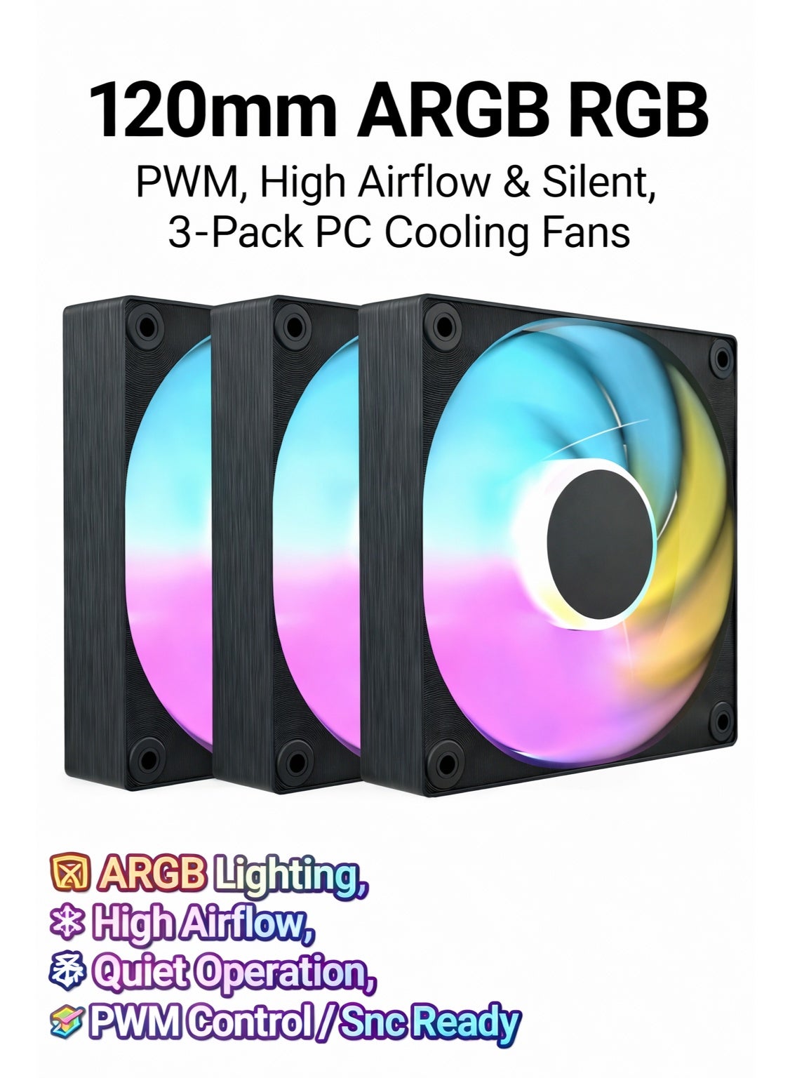 Compare 120mm ARGB RGB PWM PC Cooling Fans 3Pack – Silent High Airflow Case & Radiator Cooling Fans with 5V 3Pin Sync at KSA Price
