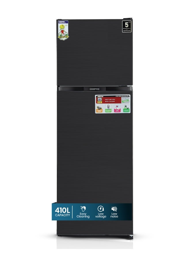 Compare 410 L Gross  348 L Net Capacity NoFrost Double Door Refrigerator Quick Cooling | Low Noise, Stainless Steel Finish Equipped with Recessed Handle | Glass Shelves, Chrome Bottle Holder, Chiller Shelf, Transparent Basket | 410 L GRF4120SRXN Grey at KSA Price