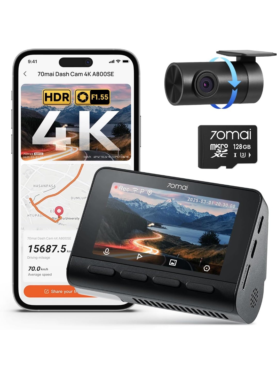 A800SE Dashcam Car Front Rear 4K UHD +…