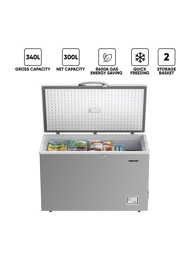 Compare 340L Gross  300L Net, Single Door Chest Freezer With Storage Basket, High Energy Efficiency Cooling System, Adjustable Temperature, Child Lock, Silent Operation, Ideal For Home And Restaurants 340 L 528 kW NCF340N7S Silver at KSA Price