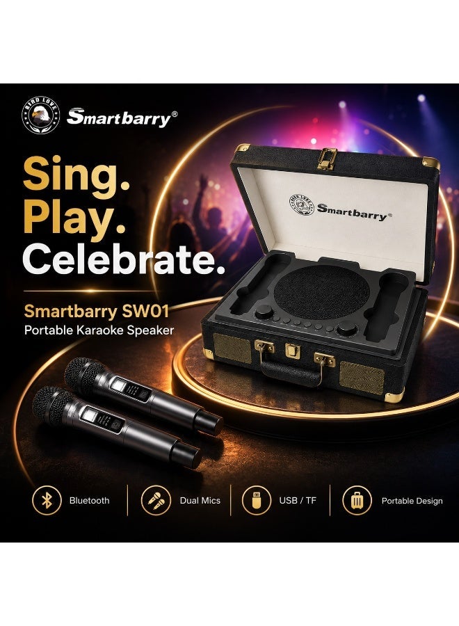 Compare SW01 Rechargeable Karaoke Speaker with 2 Wireless Mics, Bluetooth Connectivity, USB and TF Card Support, Portable Suitcase Style Audio System for Singing, Events, Celebrations and Outdoor Fun, Black at KSA Price