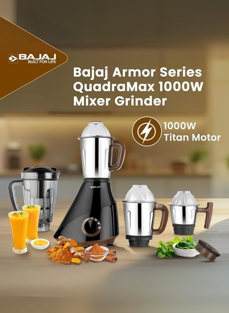 Compare Armor Series Quadramax Mixer Grinder, 4 HeavyDuty Stainless Steel Jars, Hardened Blades, Overload Protection – 1000 W 410635 BLACK at KSA Price