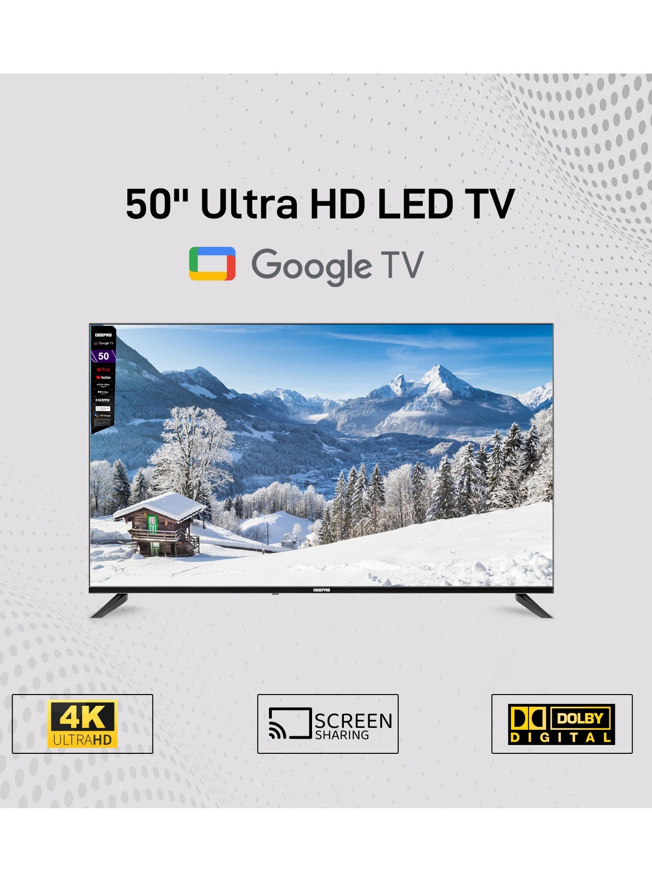 Compare 50 Google TV GLED5006SGXHD | Dolby Audio, Ultra HD LED TV, Built In Chromecast | With Remote Control, HDMI and USB Ports| Licensed Contents and Pre Installed Apps, Wi Fi and Screen Sharing at KSA Price