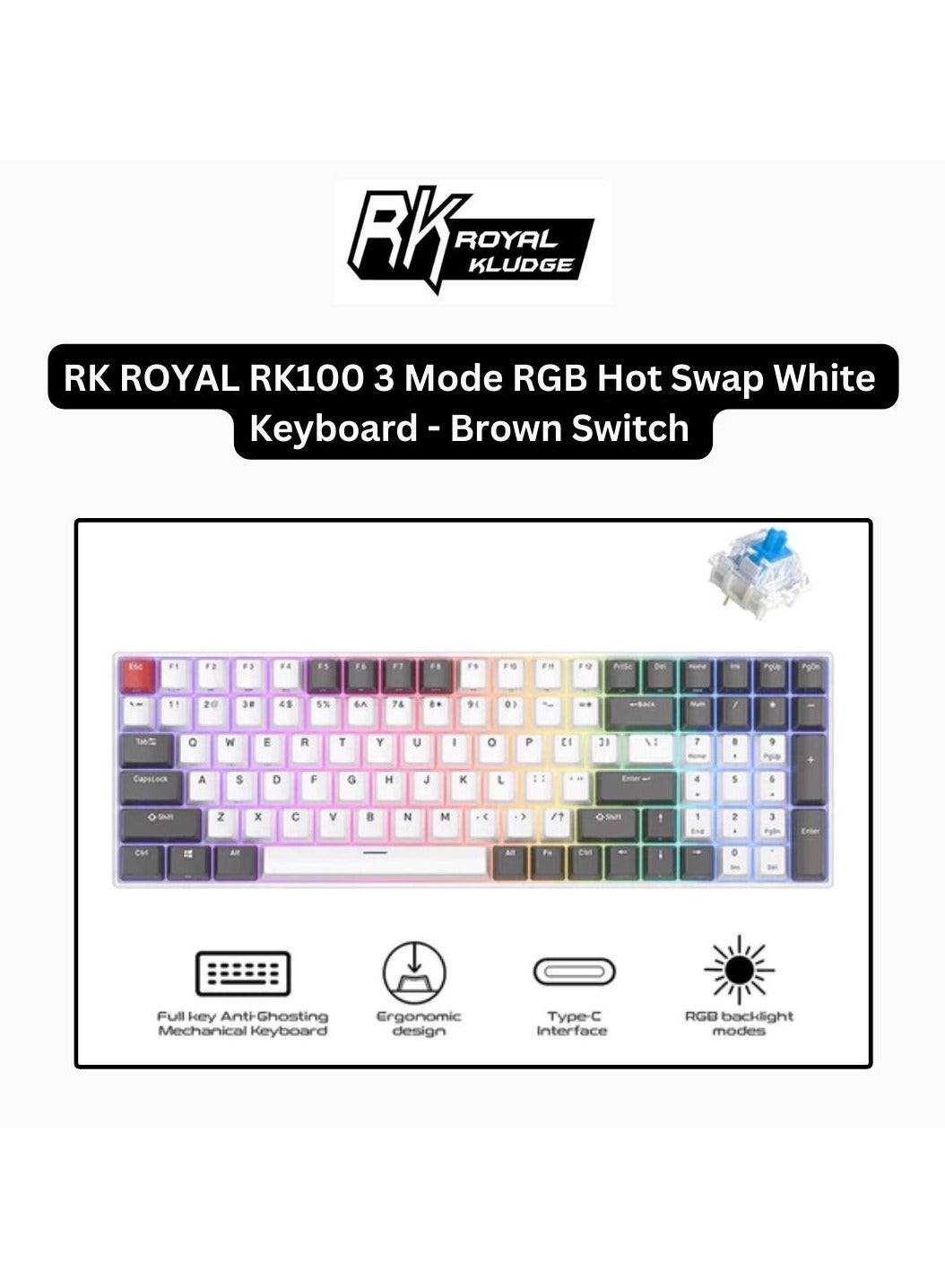Compare Royal Kludge RK100 TriMode RGB 100 Keys Hot Swappable Mechanical Keyboard GreyRedWhite Blue Switch at KSA Price