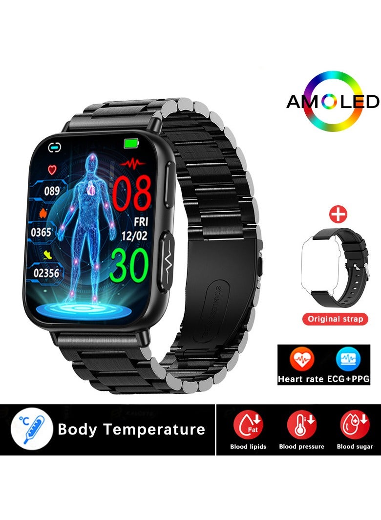 Compare Accurate Measure Blood Sugar Smart Watch Men ECG+PPG Heart Rate Blood Oxygen Health Smartwatch Women Sport Watches Steel Strap With 1Extra Strap  at KSA Price