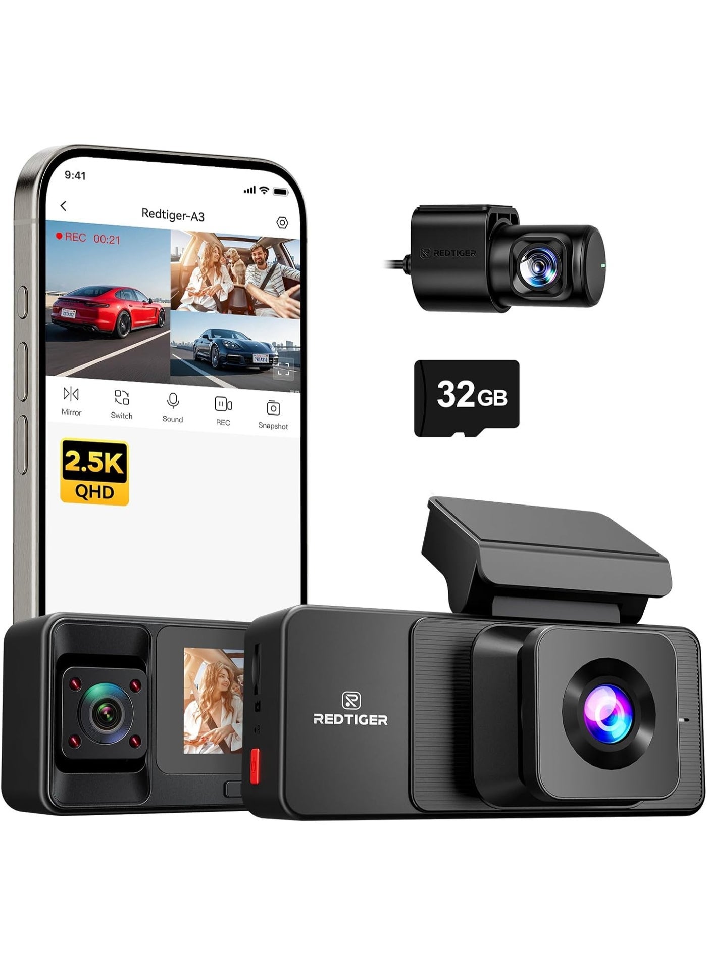 Compare REDTIGER A3 3 Channel Dash Cam Front Rear, 1440P+1080P+1080P Dash Camera, Support Arabic language, Included 32GB Card, 24H Parking Mode, 3.18Screen Car Camera, WiFi, IR Night Vision, Loop Recording at KSA Price