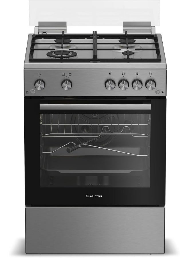 Compare Ariston 60x60cm Cooking Range With 4 Burners, Mechanical Timer, Glass Oven Door, Cast Iron Support, 64L Cavity, 1 year manufacturer warranty  ARR6GGG23125XME  Inox ARR6GGG23125XME Silver at KSA Price