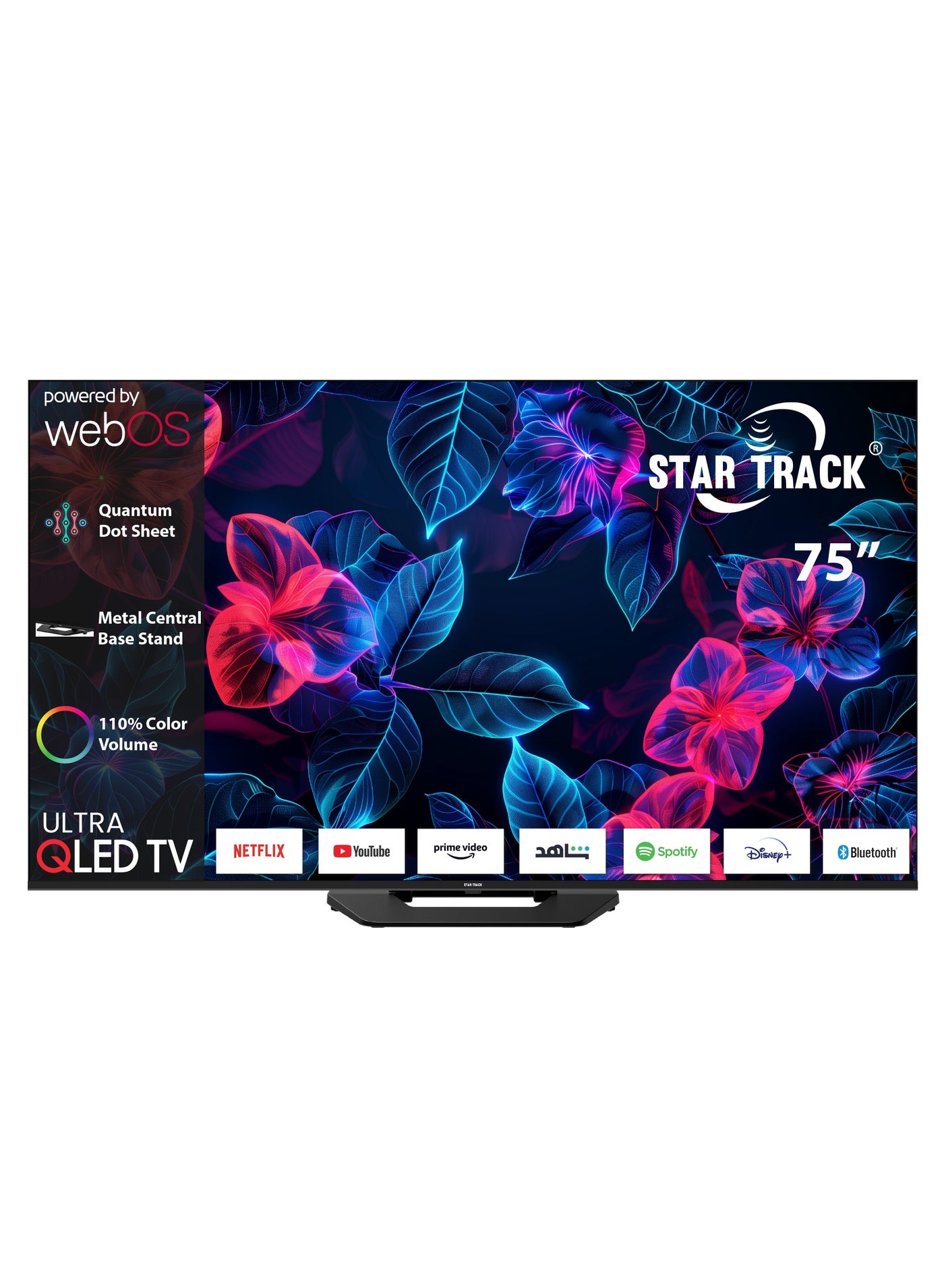 Compare Star Track Ultra QLED TV 75 inch 4K HDR10+ WebOS Metal Central Base Stand| 110% Color Volume with Quantum dot| 400 Nits Ultra Bright Display| Dolby Vision Atmos| Air Mouse Remote| Apple AirPlay & Home at KSA Price