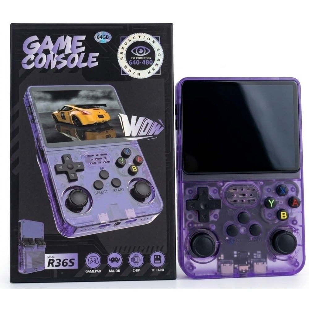 Compare R36S Portable Retro Game Console 64GB Handheld Gaming System Available in Translucent Purple and Assorted Vibrant Colors at KSA Price