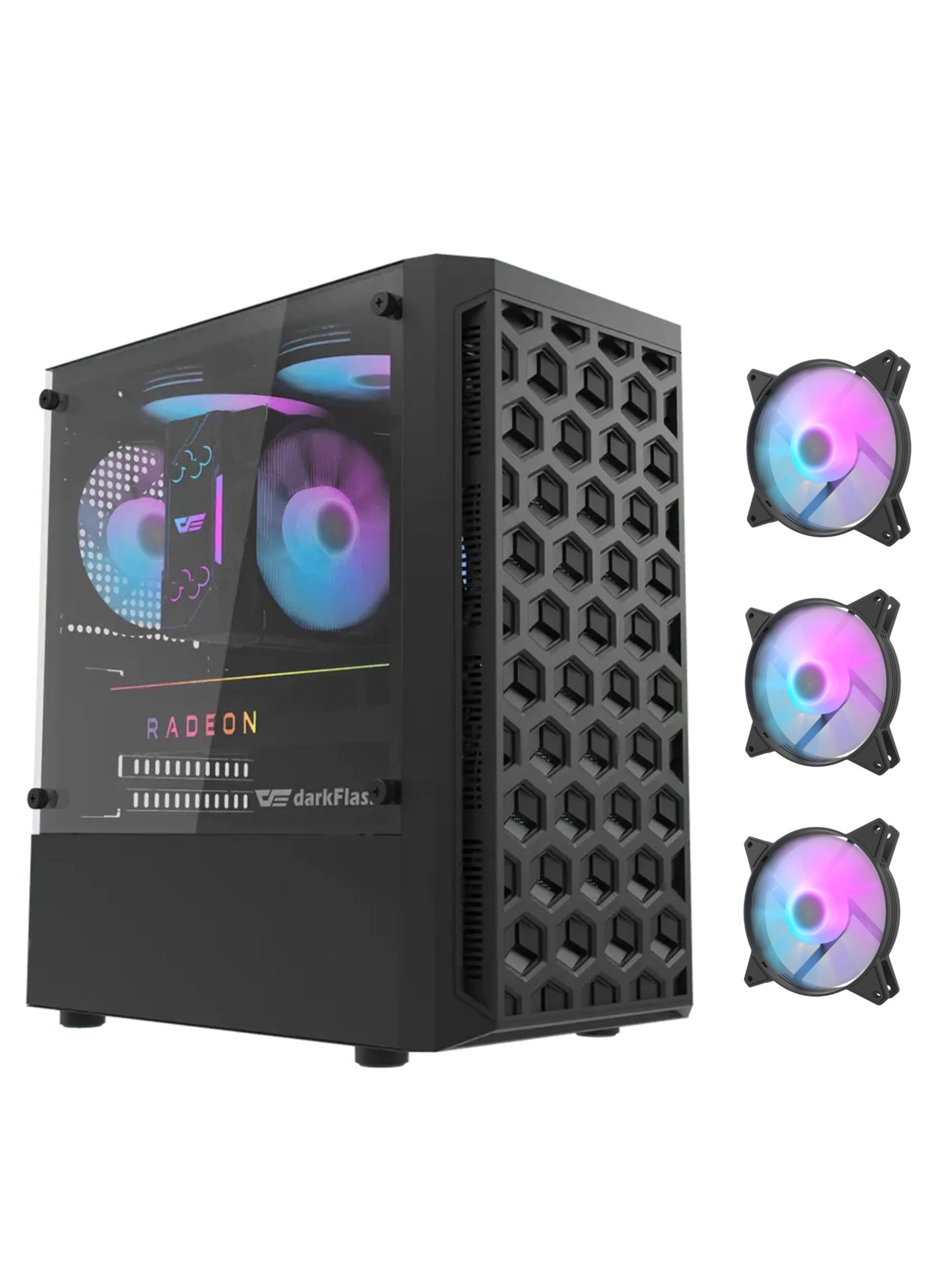 Compare darkFlash DK300M  MATX, ITX Tempered Glass Gaming PC Case, 3 RGB Fans PreInstalled, Supports 240MM Radiator, HDD and SSD Slots, USB 3.0x1, USB 2.0 x2, HD AUDIO and Power, PC Case at KSA Price