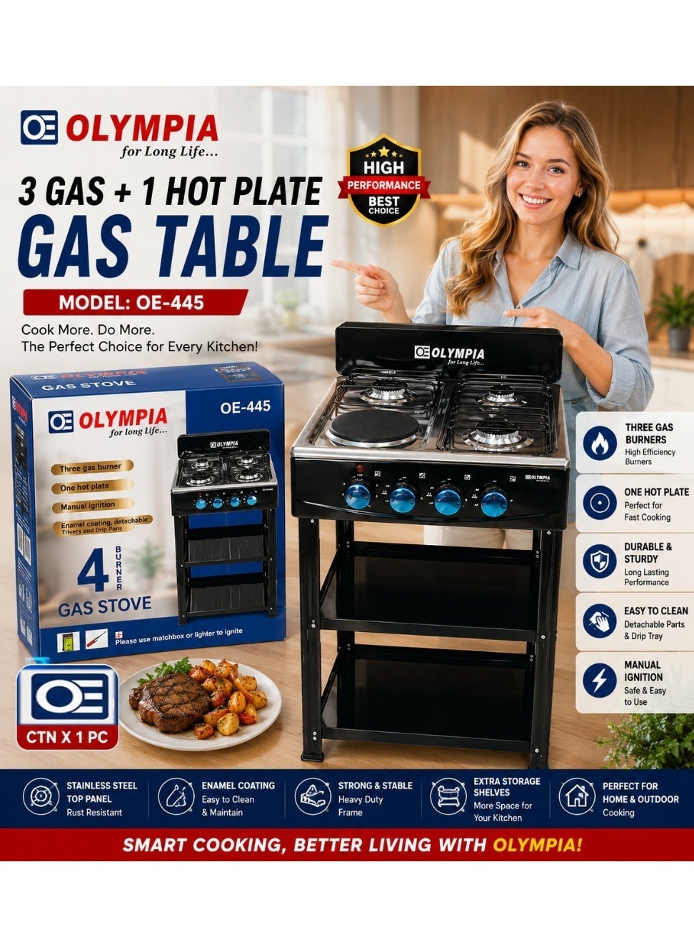 Compare Olympia OE445 3 Gas + 1 Hot Plate Gas Stove – Reliable, Powerful, and Perfect for Everyday Cooking at KSA Price