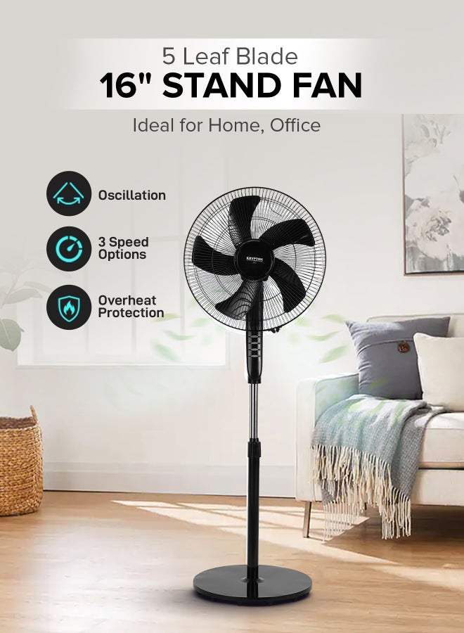 16-Inch Stand Fan With 5-Leaf Blades, 3-Speed Control,…