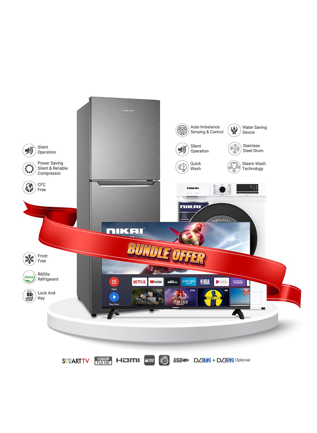 Compare Bundle 300L Double Door Refrigerator NRF310FSS + 7kg FL Fully Automatic Washing Machine NWM701FN9 +  42 Inch Smart TV NTV4300SLED 113 W NRF310FSS+NWM+NTV Silver at KSA Price