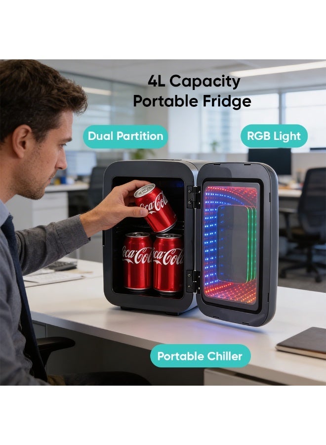 Compare Portable Fridge – 4L Compact Mini Cooler with RGB Light, Magnetic Lid, Dual Partition, Portable Chiller for Car, Office, Travel, and Home at KSA Price