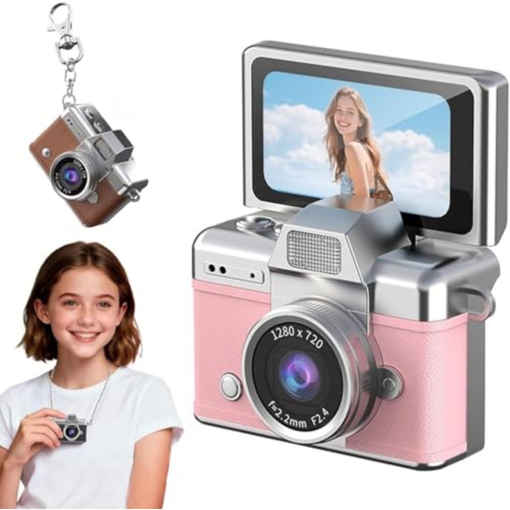 Compare camera for travel and gifts: vintage compact micro pocket design, plastic body, retro red color, 1080P HD with builtin flash and flip display at KSA Price