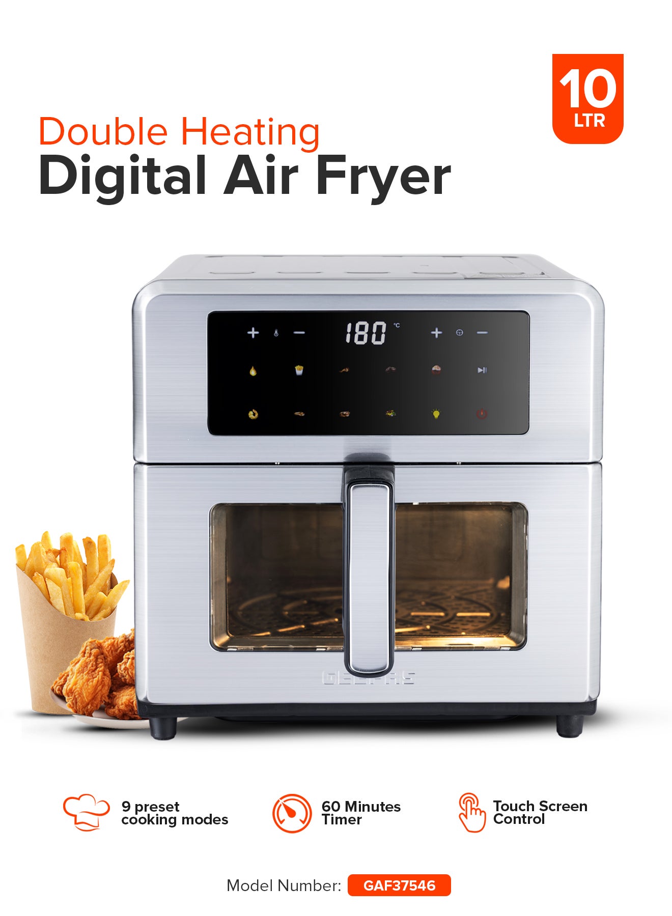 Compare Geepas 10L Digital Air Fryer, Double Heating, 10 Preset Modes, Touch Control – GAF37546 10 L 2150 W GAF37546 grey at KSA Price