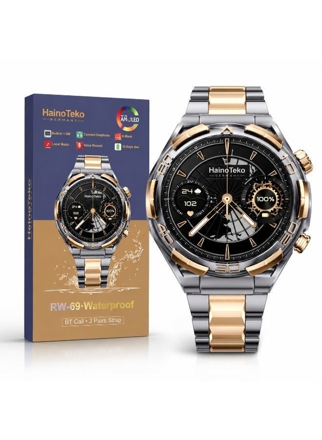 Compare Germany RW69 Smart Watch with HD IPS AMOLED Display, Bluetooth Calling, 1GB Storage, and 3 Straps at KSA Price