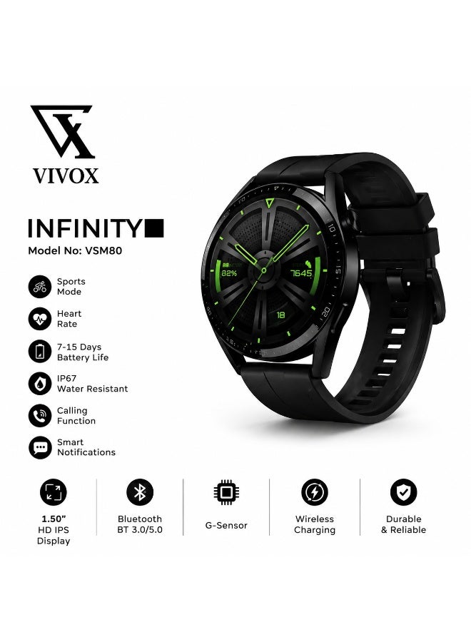 Compare VIVOX Infinity Smart Watch VSM80 1.50 HD IPS Display Bluetooth Calling Heart Rate GPS Sports Mode Wireless Charging 715 Days Battery  Black at KSA Price