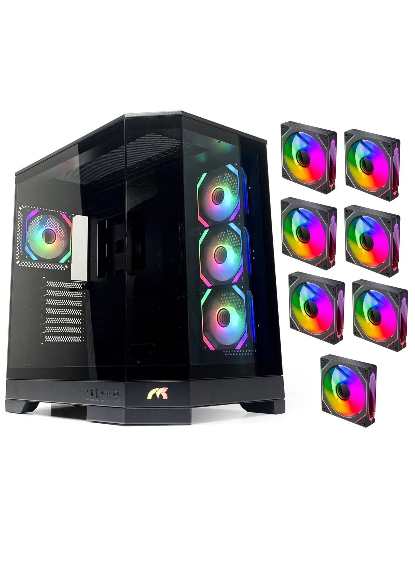Compare Tortox Prism Triple Glass Panel ATXMATX Gaming PC Case with 7*ARGB PWM Fans, TypeC USB Port, Supports 360MM Radiator, 7 Expansion Slot, Included GPU stand Gaming Case at KSA Price