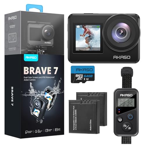 Compare AKASO Brave 7 Action Camera 4K30FPS 20MP with 64GB U3 MicroSDXC Memory Card Waterproof Camera with Touch Screen IPX8 33FT EIS 20 Zoom Support External Mic Voice Control with 2X 1350mAh Batteries at KSA Price