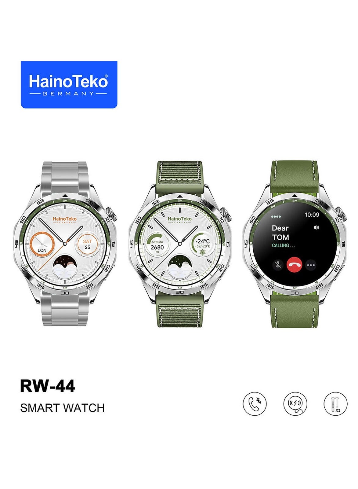 Compare HainoTeko RW44 Smart Watch With Round Screen AMOLED Display 3 Pair Straps and Wireless Charger For Gents and Boys Green at KSA Price