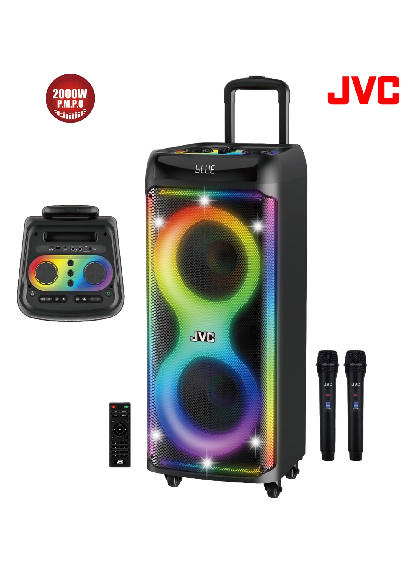 Compare Portable Trolley Party Speaker 2000W PMPO with Dual 10 Speakers, 2 Wireless Microphones, Bluetooth, FM Radio, USBAUX Input, 8000mAh Battery XSN5214PB black at KSA Price
