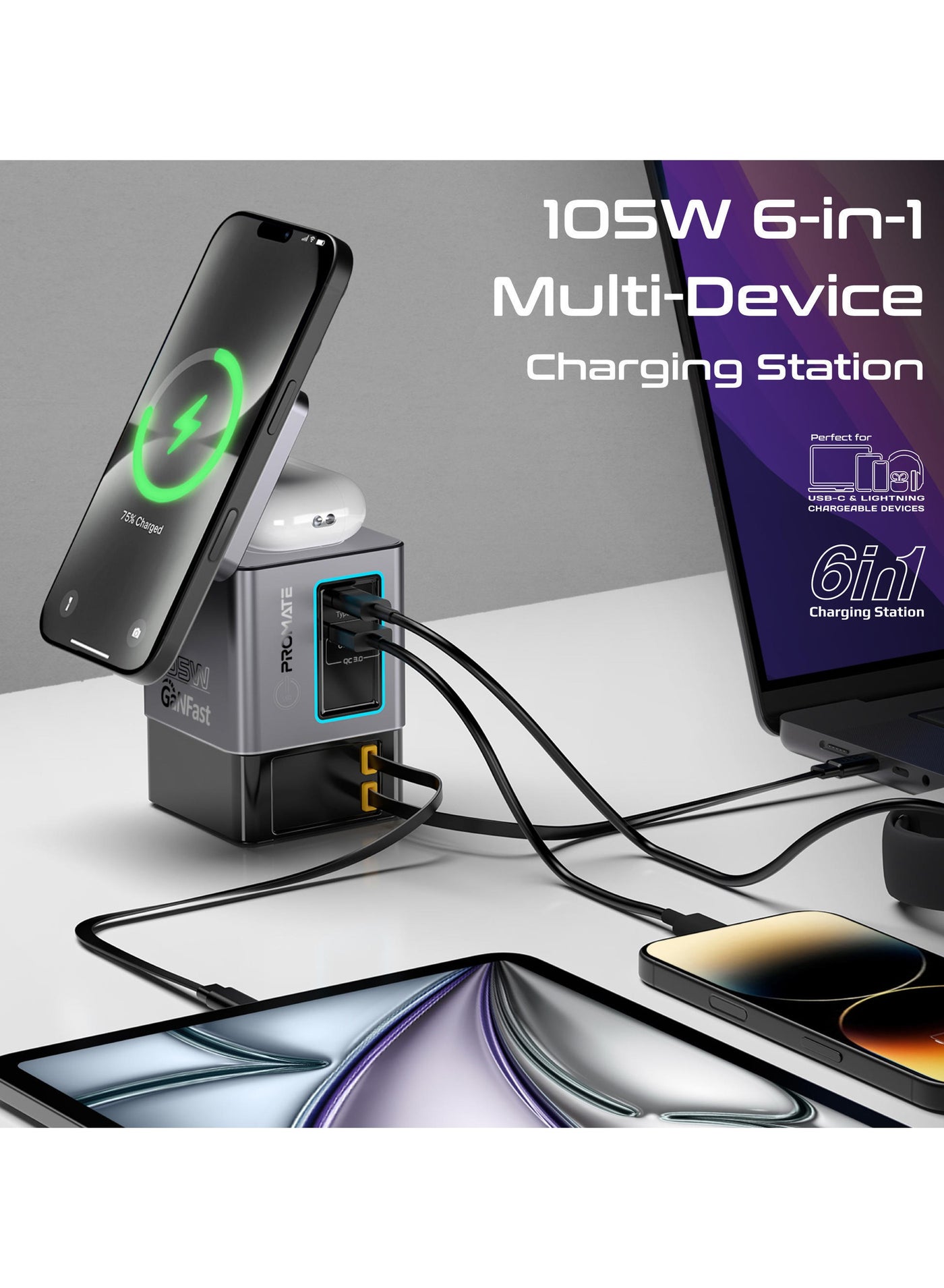 Compare 6in1 GaNFast™ Charging Station With 105W Total Output, 15W MagSafe Wireless Charger, PD65W Retractable TypeC Cable, PD20W Retractable Lightning Cable, PD18W USBA Port, AirPods Wireless Charger  Black for iPhones, Macbook & Laptops Black at KSA Price