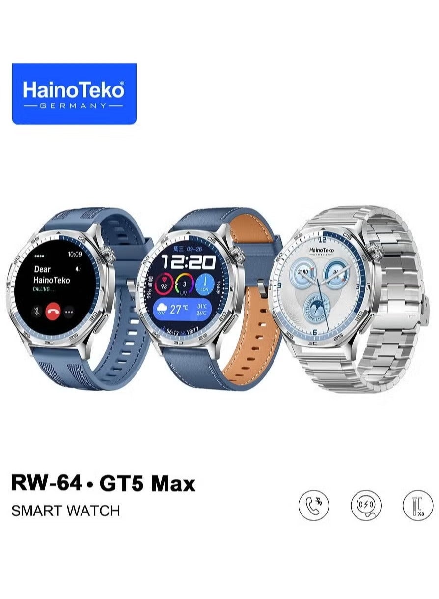 Compare RW64 GT5 Max Smartwatch – Large AMOLED Display, Voice Assistant, 3 Pair Straps for Men, Premium Design, Blue at KSA Price