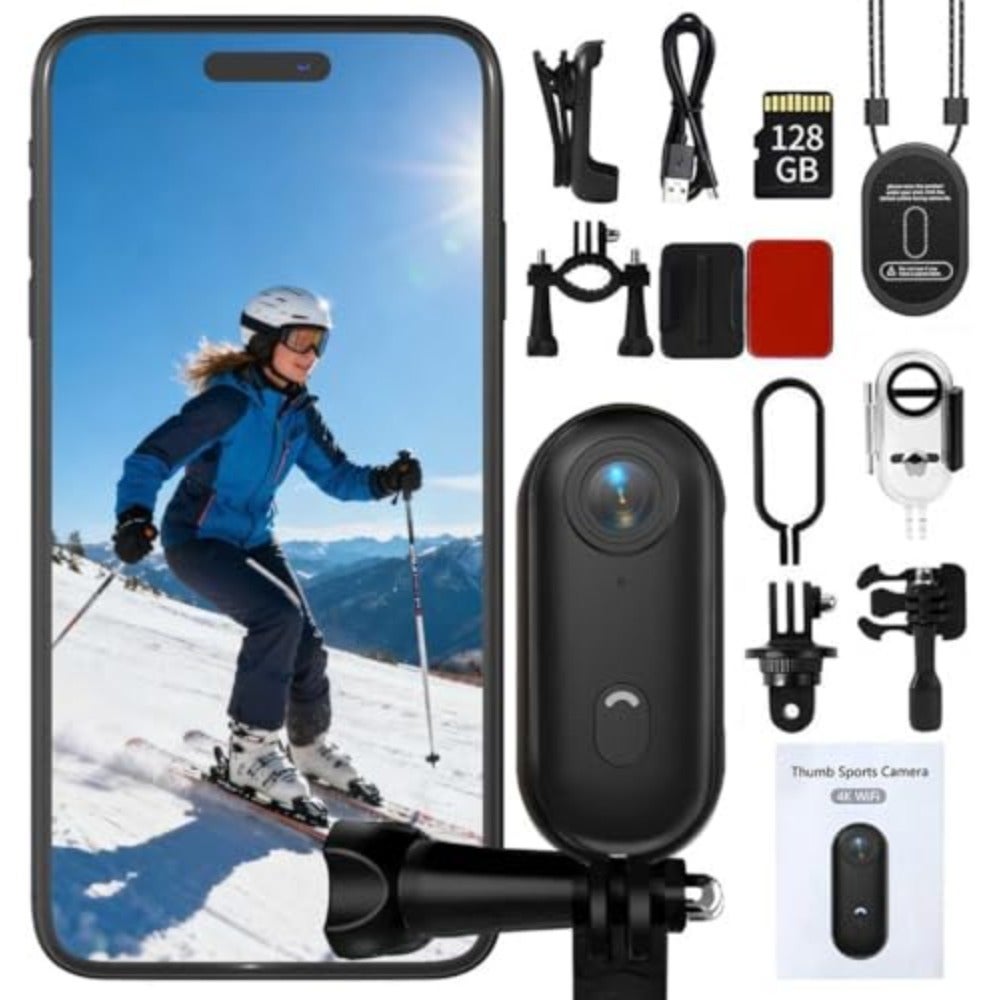 Compare 4K thumbaction camera for outdoor adventures: waterproof sports camera in compact size, black ABS plastic, ultraportable design ideal for running, cycling, swimming, hiking at KSA Price