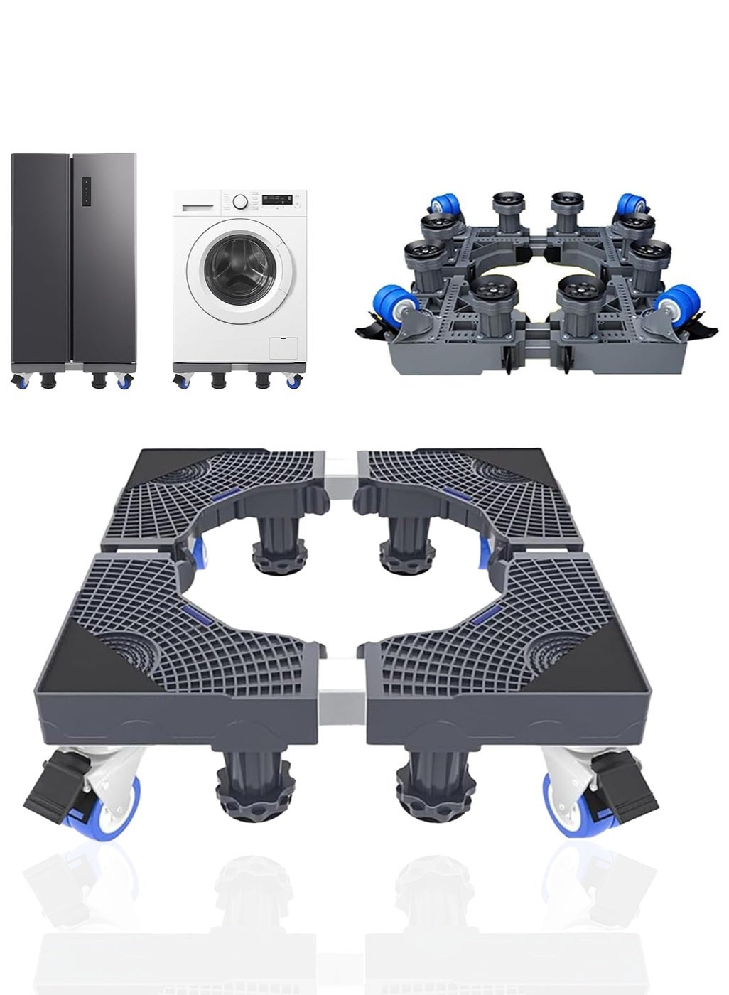 Compare Hight quality Adjustable Refrigerator Base Stand with Wheels | HeavyDuty Telescopic Stand for Washing Machines, Refrigerators & Mini Fridges | 8 Locking Wheels & 8 Adjustable Feet L&W 4566cm, H 912cm at KSA Price
