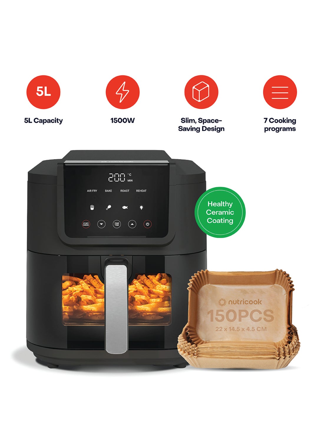 Compare Air Fryer Slim with Free Air Fryer Liners, 5L  1KG Capacity, Large Basket, SpaceSaving Slim Design, Air Fry, Bake & Reheat, 5 Presets, Clear Window & Light, AFS100, Black, 1500W, 2Year Warranty 5 L 1500 W NCAFS at KSA Price
