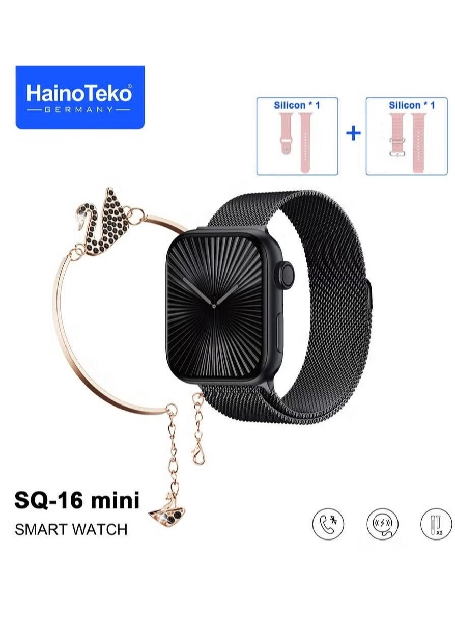 Compare SQ16 Mini Series 10 AMOLED Display Smart Watch with Stylish Bracelet. 3 Pairs of Straps, and Charging Cable – Elegant Smartwatch for Ladies – Black at KSA Price