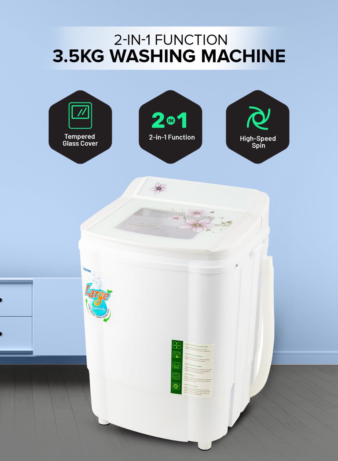 Compare Washing Machine, 2in1 Function, 3.5 Kg Tempered Glass Cover, Wash with Separate Spin, High Spin Speed, 2 Years Warranty GSWM18040 White GSWM18040 White at KSA Price