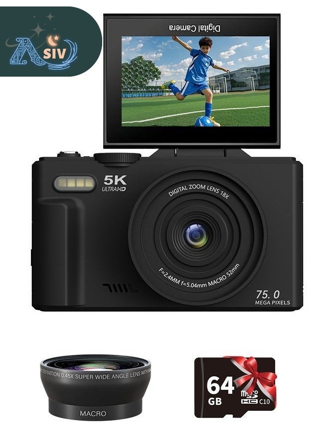 Compare 5K Digital Camera, 75MP Camera Digital for Photography, Point and Shoot Camara Vlogging Camera with 64GB SD Card, 18X Digital Cameras with 3 180° Flip Screen, Wide Angle & Macro Lens, AntiShake Compact Travel Camera for Beginner Gift at KSA Price