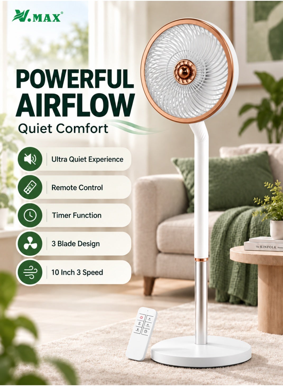 Compare 10 70W Premium Pedestal Fan with Remote Control, 3Blade High Airflow, 70° Automatic Oscillation & TimerOff Function – White & Rose Gold Edition at KSA Price