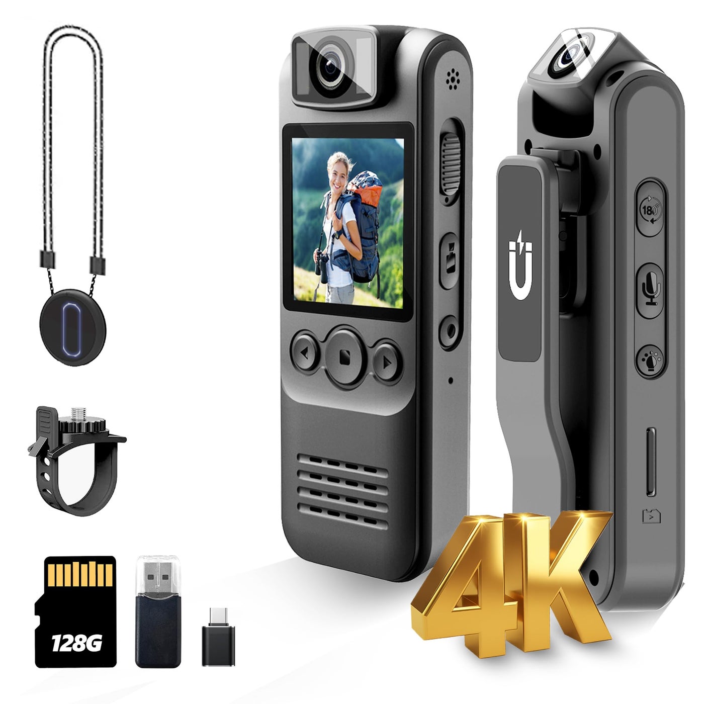 Compare DayDateUp 4K 128GB Body Camera, Audio and Video Recording, with Magnetic Back Clip&Bike Mount, 180Â°Rotating Lens, Wearable Portable Bodycam for OutdoorSportsSecurityPolice at KSA Price