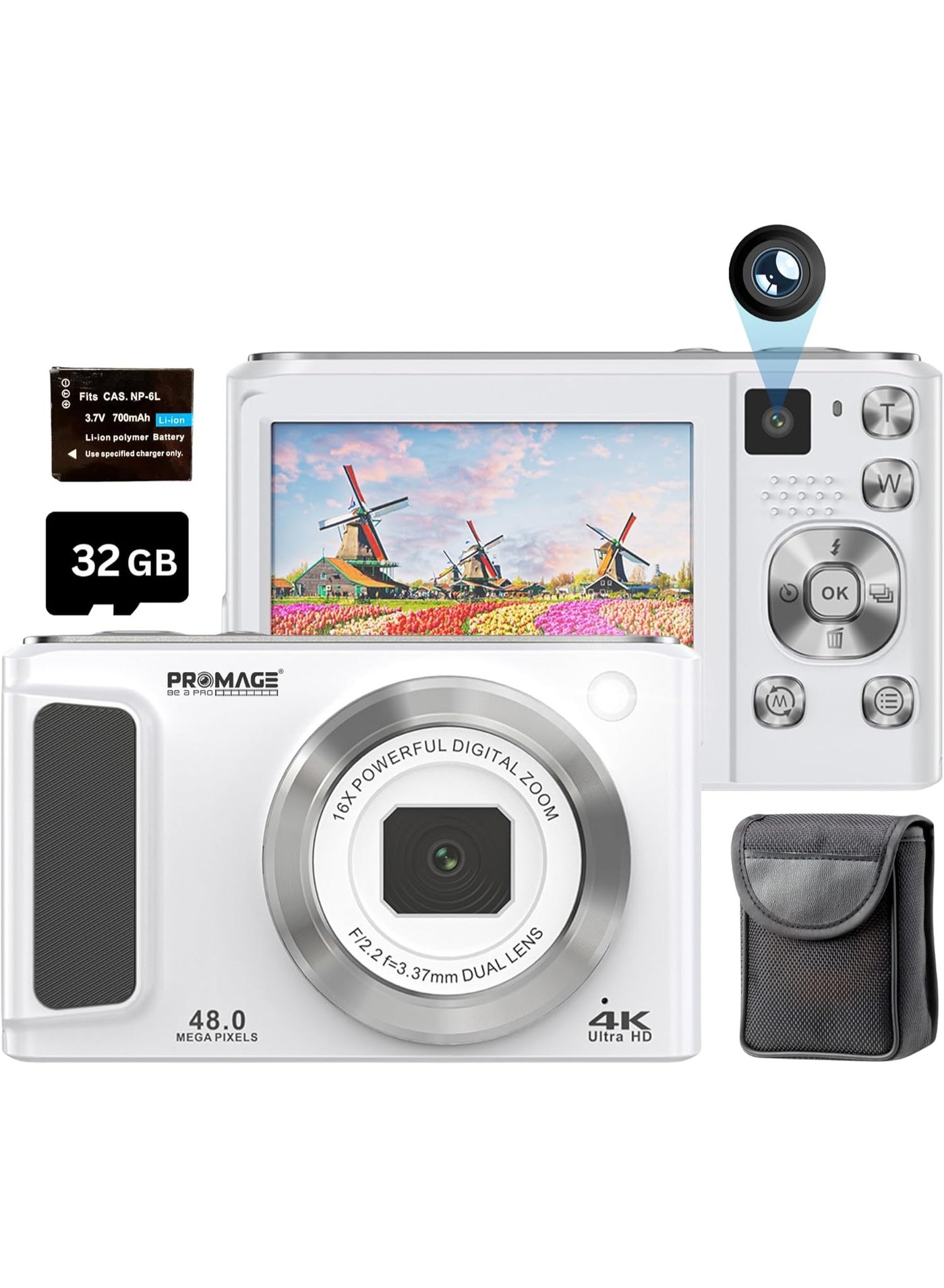 Compare PROMAGE PC140 Digital Camera 48MP – White, 4K Video, 2.8? IPS Screen, 16X Zoom, USBC Rechargeable, TF Card Support, with SOLIBAG Carry Case at KSA Price