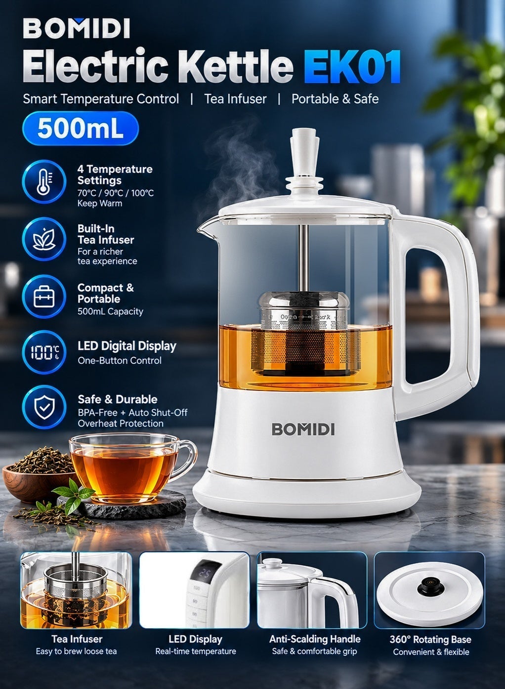 Compare BOMIDI EK01 Electric Kettle for Tea & Coffee – 500mL Travel Kettle with Smart Temperature Control 70°C–100°C, LED Display, Builtin Tea Infuser, Auto ShutOff, Fast Boil, BPAFree, Portable Hot Water Boiler at KSA Price