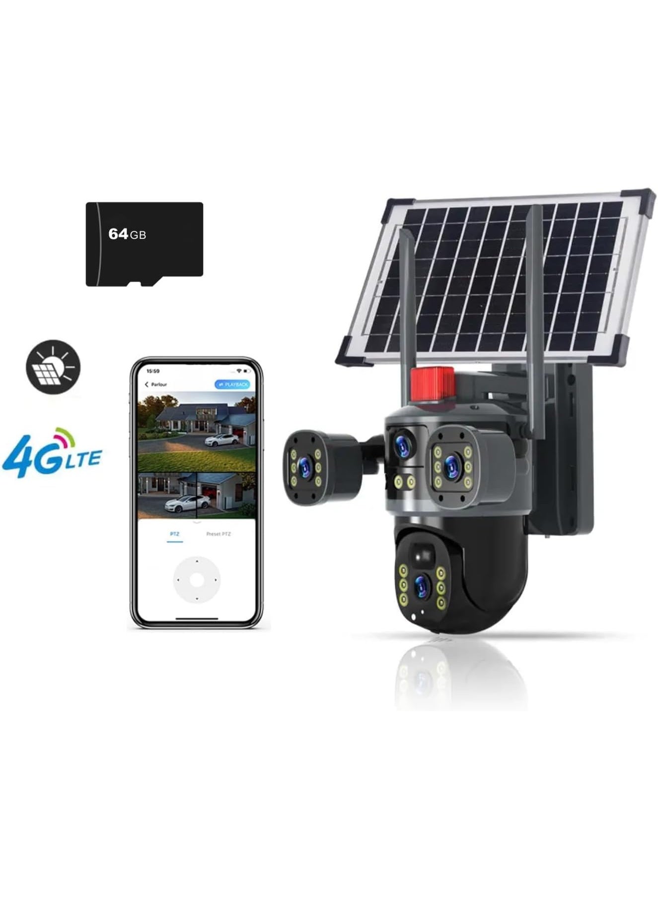 Compare 4K Dual HD Lens Outdoor Security Camera for Home – SolarPowered IP CCTV with SIM Internet Support SIM Required, Mobile App Control, Motion Detection, FullColor Night Vision, BuiltIn Microphone & Speaker, Waterproof, 64GB SD Card Included at KSA Price