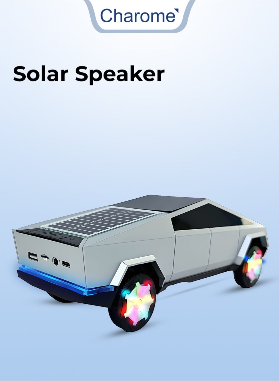 Compare Charome Cybertruck Solar Speaker Silver 10W Power, LED Light, FM, AUX, TF Card, Solar Charging at KSA Price